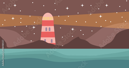 Lighthouse, sea, night sky, stars landscape vector illustrtion