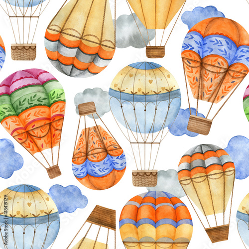 Seamless watercolor pattern of balloons in the sky with clouds.