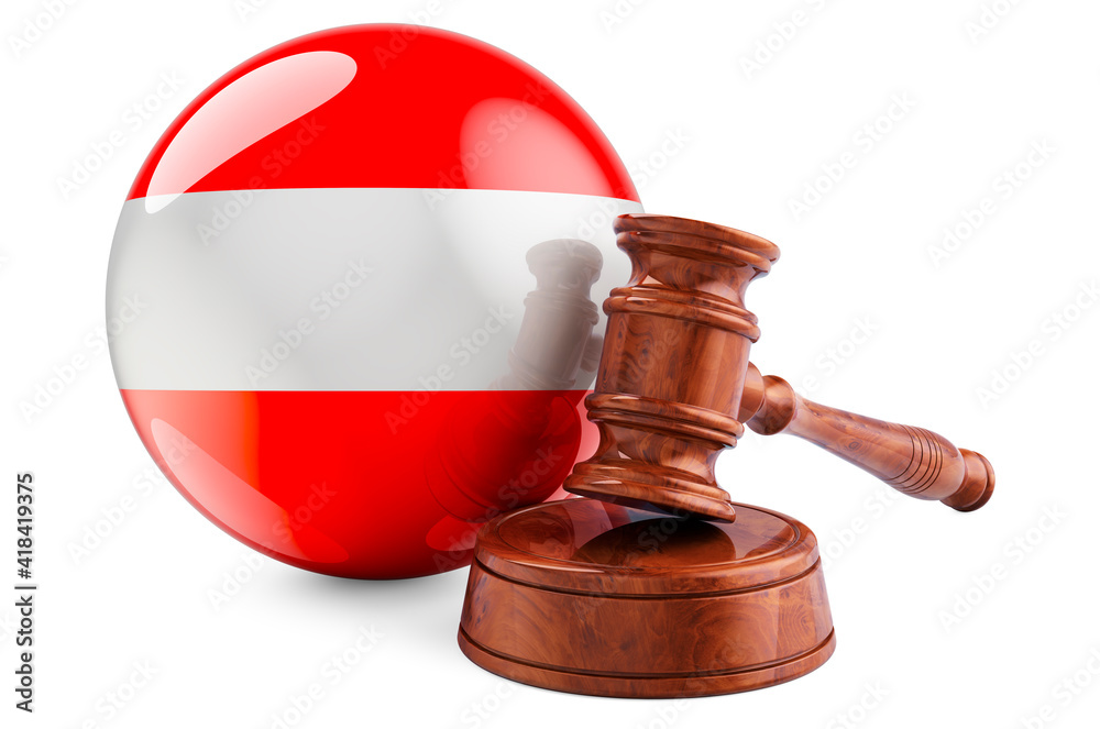 Austrian law and justice concept. Wooden gavel with flag of Austria. 3D rendering