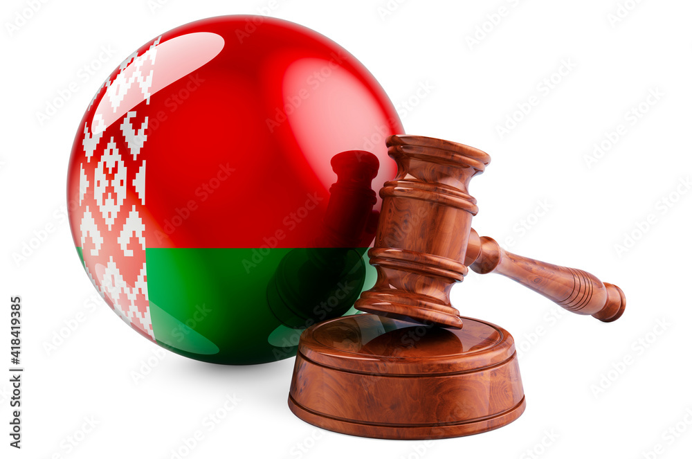 Belarusian law and justice concept. Wooden gavel with flag of Belarus. 3D rendering