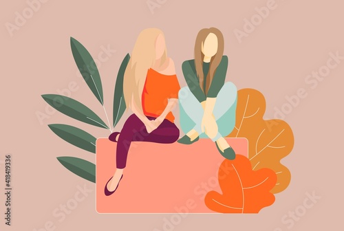 Vector illustration of blonde girls sitting on a block in relaxed poses. In the background there are bushes and branches with white elements.