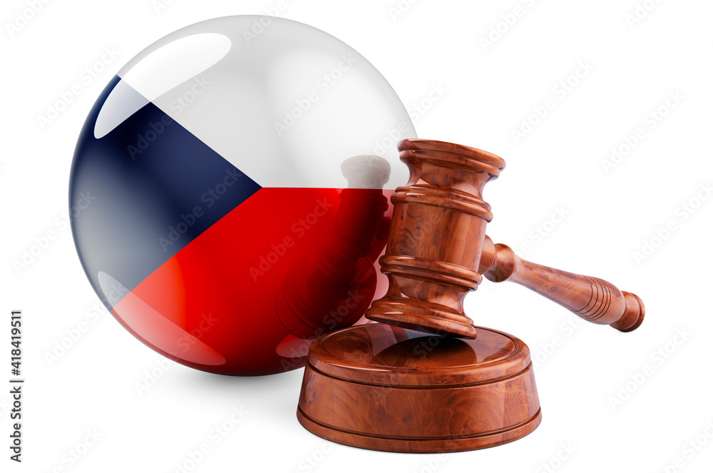 Czech Republic law and justice concept. Wooden gavel with flag of Czech Republic. 3D rendering