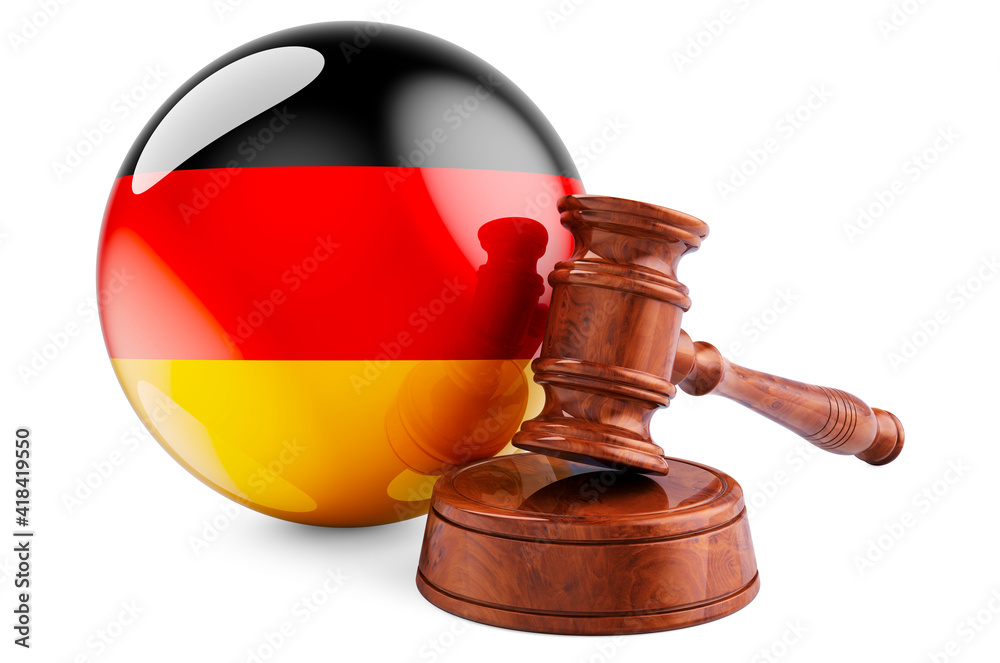 German law and justice concept. Wooden gavel with flag of Germany. 3D rendering