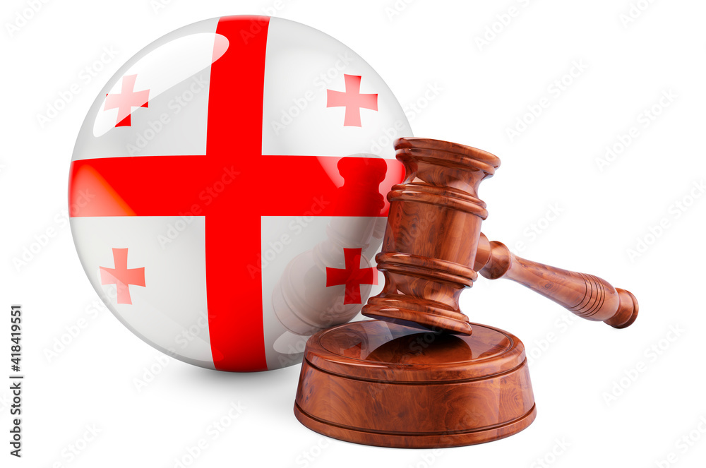 Georgian law and justice concept. Wooden gavel with flag of Georgia. 3D rendering