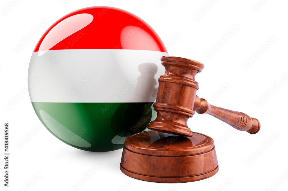Hungarian law and justice concept. Wooden gavel with flag of Hungary. 3D rendering