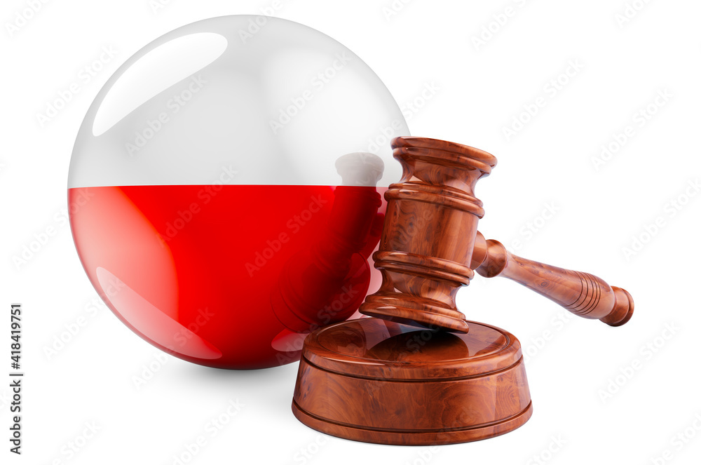 Polish law and justice concept. Wooden gavel with flag of Poland. 3D rendering