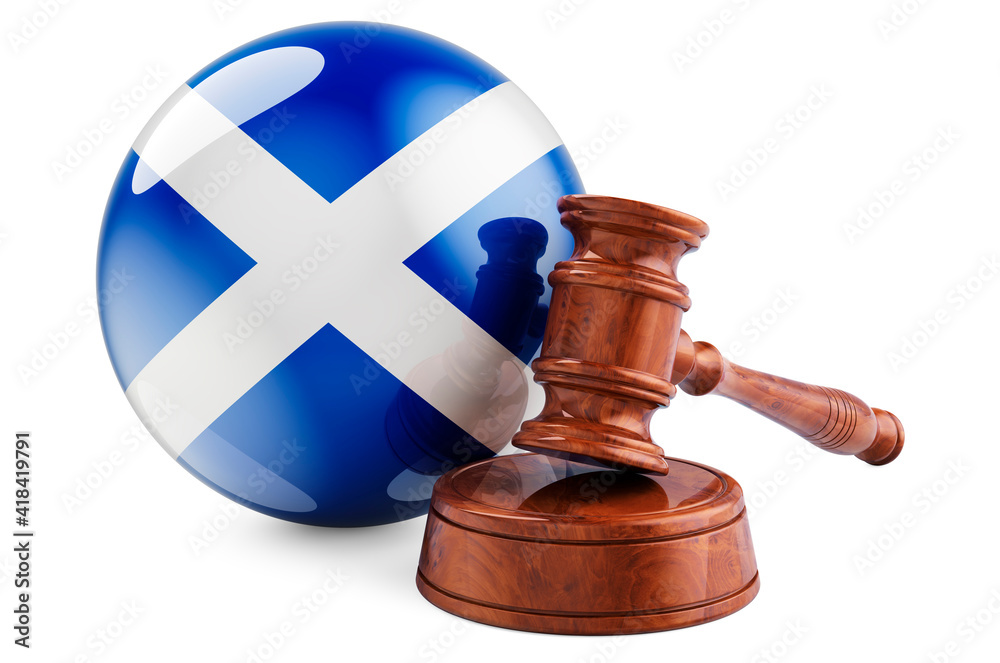 Scottish law and justice concept. Wooden gavel with flag of Scotland. 3D rendering