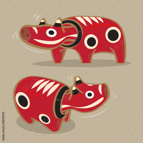 Vector illustration of Japanese folk toy - shaking head red cow (Akabeko). People believe the toy could ward off smallpox and other illnesses.