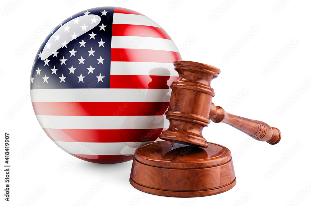 The USA law and justice concept. Wooden gavel with flag of the United States. 3D rendering