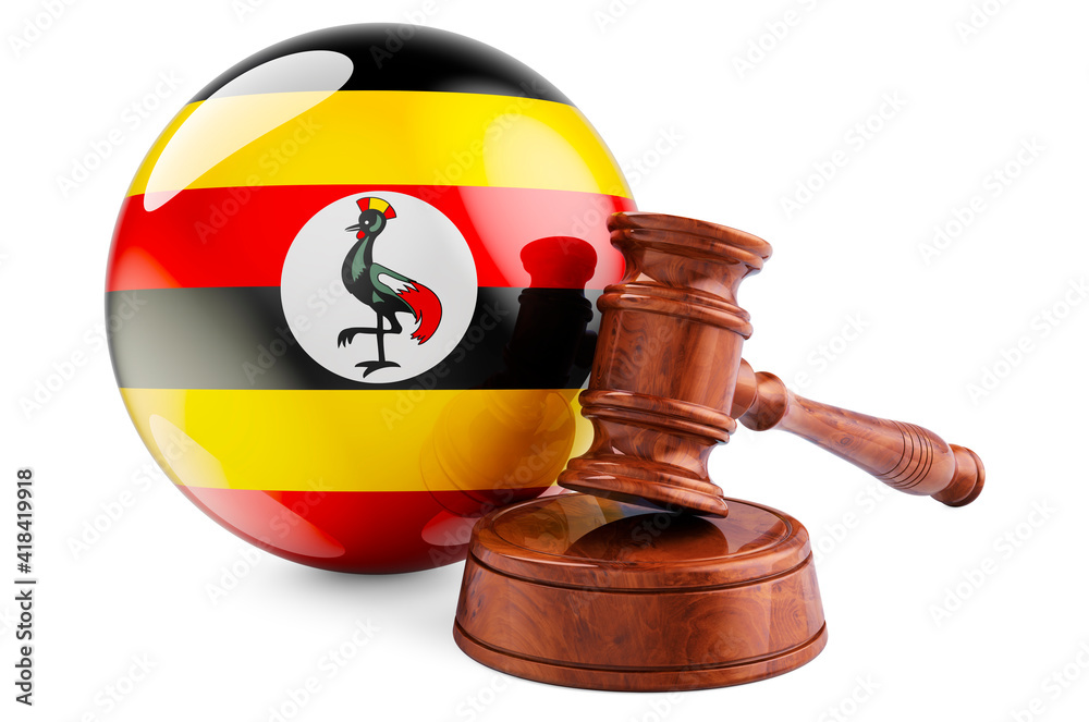 Ugandan law and justice concept. Wooden gavel with flag of Uganda. 3D rendering