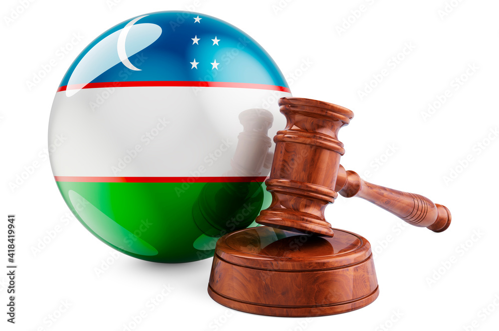 Uzbek law and justice concept. Wooden gavel with flag of Uzbekistan. 3D rendering