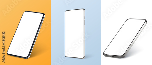 Smartphone frame less blank screen, rotated position. 3d isometric illustration cell phone. Smartphone perspective view. Template for infographics or presentation UI, UX