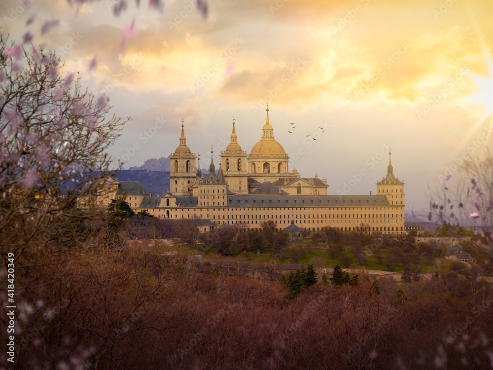 Sunset panorama of the Monastery of San Lorenzo del Escorial, Madrid, Spain.