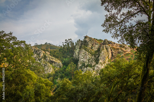 Rocky formation in the top of the mountain. Beautiful mountain landscape in the tourist region of Aldeias de Xisto - Fragas de Sao Simao, Portugal.