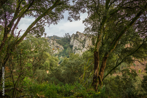 Rocky formation in the top of the mountain. Beautiful mountain landscape in the tourist region of Aldeias de Xisto - Fragas de Sao Simao, Portugal.