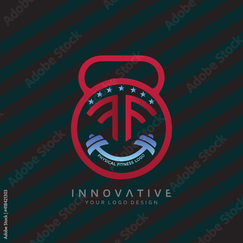 Letter FF Fitness and networking group with dumbbell icon. Virtual CrossFit and fitness vector official logo template.