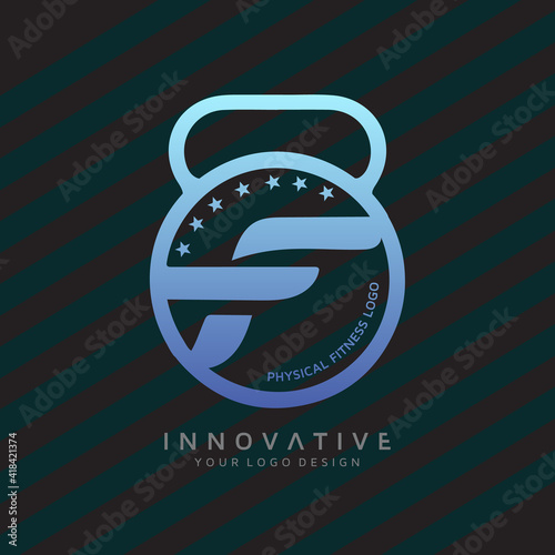 Letter F Fitness and networking group with dumbbell icon. Virtual CrossFit and fitness vector official logo template.