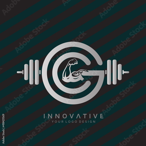 Letter CG Personal Trainer and Massage therapist with dumbbell icon. Virtual CrossFit and fitness vector official logo template.