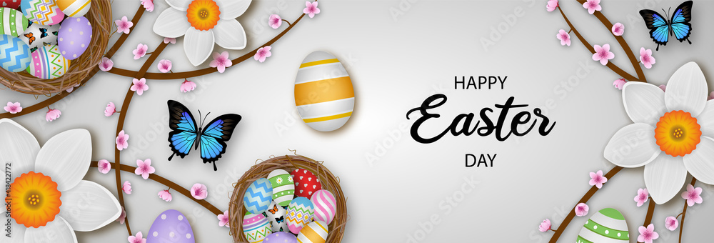 happy easter banner with colorful eggs butterflies and flowers