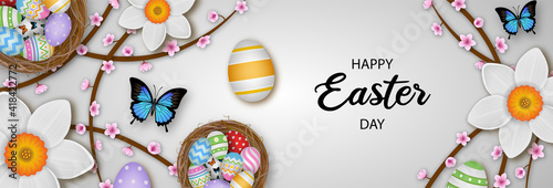 happy easter banner with colorful eggs butterflies and flowers