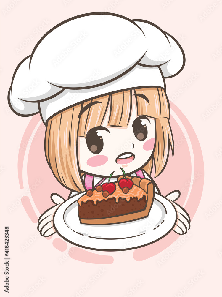 cute bakery chef girl holding a cake and bread - cartoon character and logo illustration cute bakery chef girl holding a cake and bread - cartoon character and logo illustration