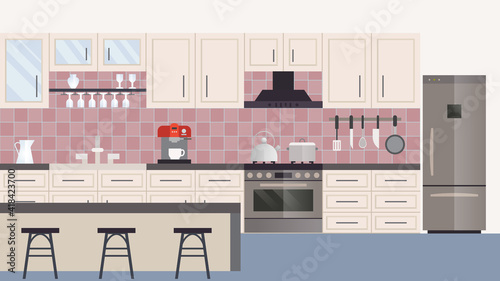 Kitchen interior witn furniture cartoon vector illustration