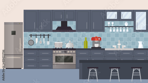 Kitchen interior witn furniture cartoon vector illustration