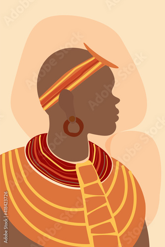 Silhouette of a dark-skinned Afro man in profile. Man in the national bright clothes and jewelry on the background of simple forms. Artistic minimalistic abstraction for poster, banner, print. Vector.