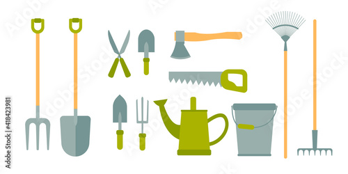 Gardening tools set isolated on white background. Bucket, shovel, pitchfork, rake, pruner, ax, saw, watering can, garden shovels. Vector illustration in cartoon simple flat style