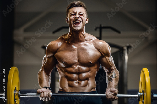 Handsome strong athletic men pumping up muscles workout fitness and bodybuilding concept background - muscular bodybuilder fitness men doing arms abs back exercises in gym naked torso.
