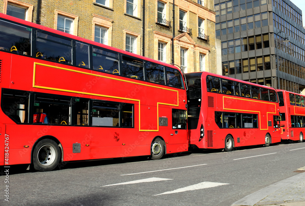city red bus in line in london ,Russel square region .february 2021