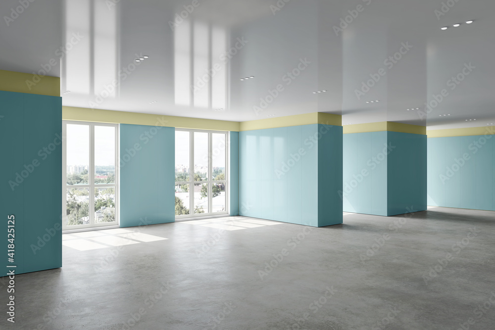 Obraz premium Interior of an empty long hall with windows and concrete floor, modern building design, 3d rendering illustration