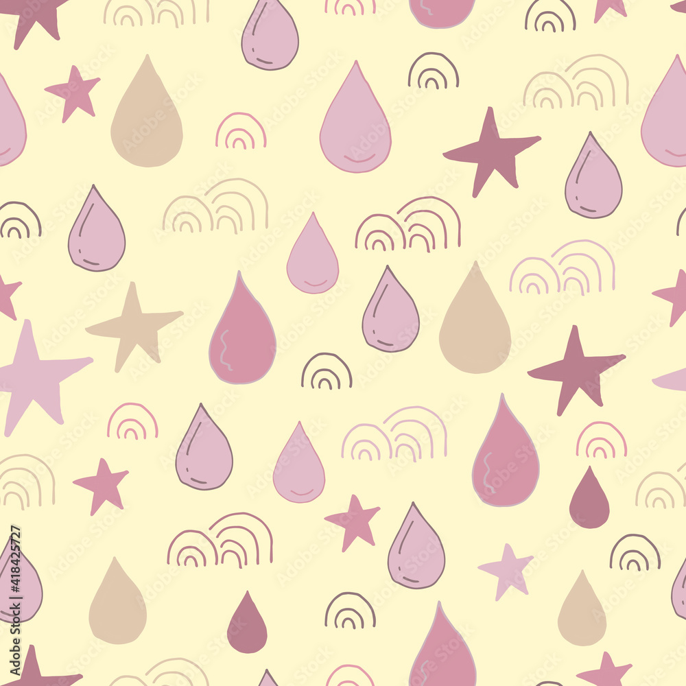 seamless pattern with drops, stars and rainbow colors dusty rose mauve and beige. Pastel backround seamless pattern with drops, stars and rainbow colors dusty rose mauve and beige. Pastel backround