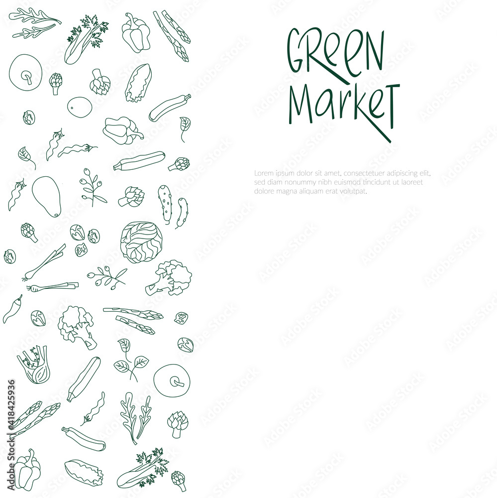 Green market sign with vegetables frame for price list. Handwritten lettering fresh font. Vector stock illustration isolated on white background. EPS10