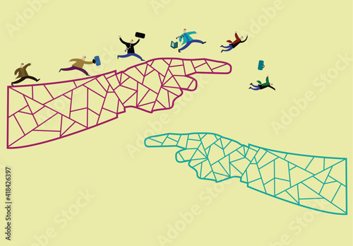 Business people running and falling as if jumping ship or in panic concept on hands outline pointing to each other. Editable Clip Art. 