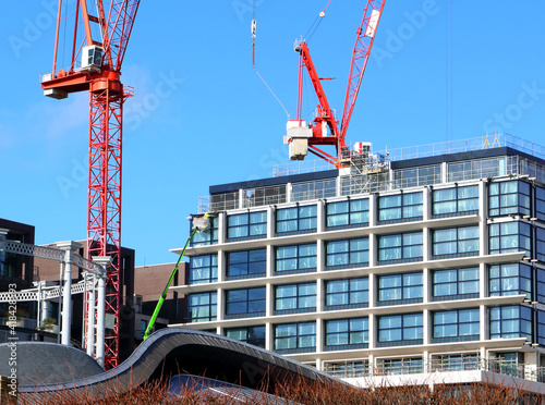 construction site with cranes in the sky. regents canal London, February 2021