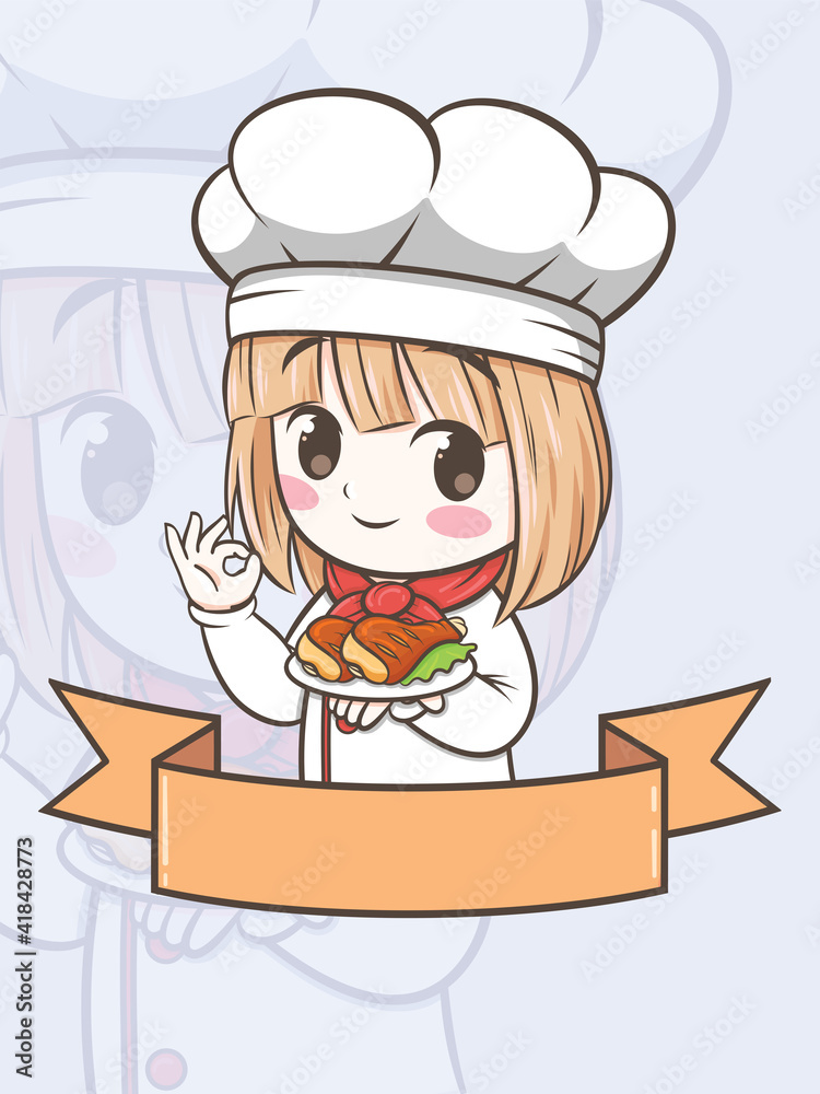 Cute barbecue chef girl holding a grilled chicken - cartoon character and logo illustration Cute barbecue chef girl holding a grilled chicken - cartoon character and logo illustration