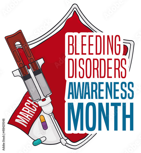 Fibrin Glue, Calendar and Pills Promoting Bleeding Disorders Awareness Month, Vector Illustration