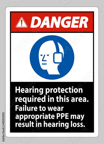 Danger Sign Hearing Protection Required In This Area, Failure To Wear Appropriate PPE May Result In Hearing Loss
