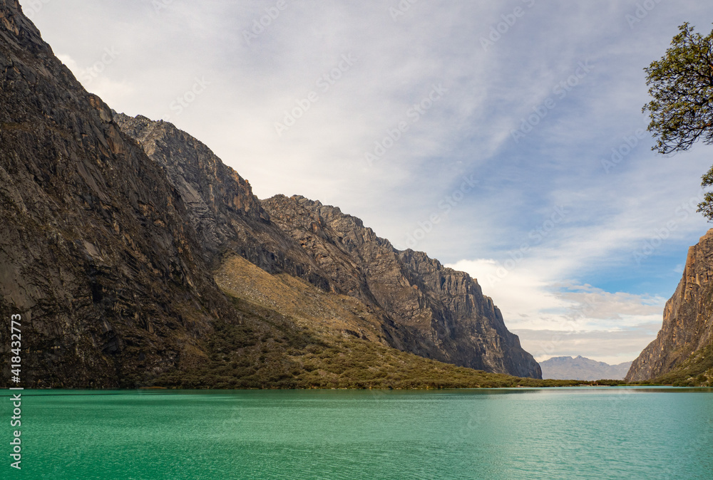 Beautiful mountain landscape with real pearl lake river, in Huaraz, Peru