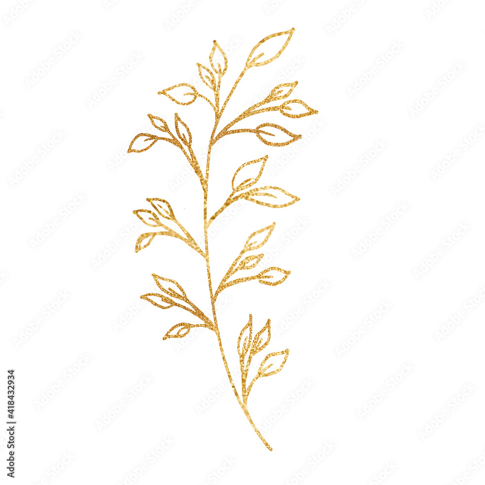 Gold twig with leaves. Festive decorations. Luxury jewelry. Elements for Holiday cards and Wedding invitations.