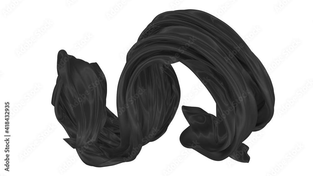 Beautiful flowing fabric of black wavy silk or satin. 3d rendering image. Beautiful flowing fabric of black wavy silk or satin. 3d rendering image.