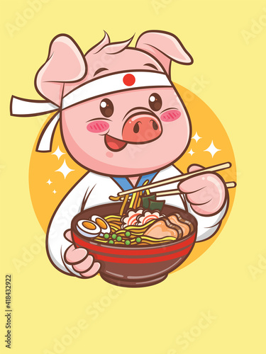 cute pig chef holding a ramen Japanese food. cartoon character and mascot illustration.