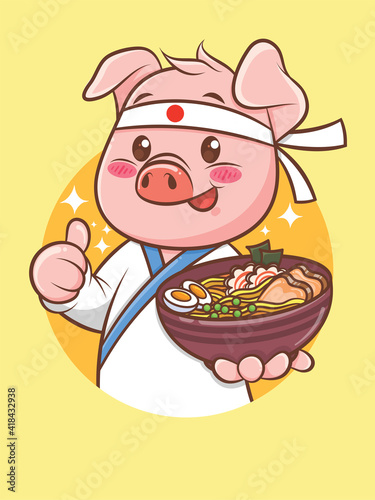 cute pig chef holding a ramen Japanese food. cartoon character and mascot illustration.