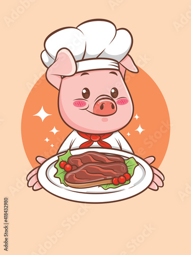 Cute pig chef presenting a grilled pork steak. cartoon character and mascot illustration.