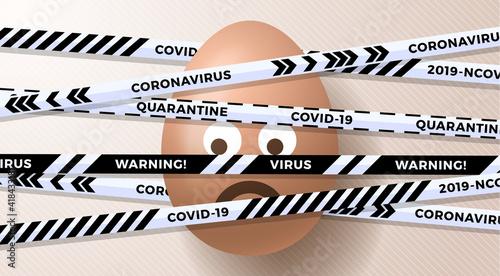 Sad emoji Easter egg and Quarantine biohazard danger. white and black stripes. Coronavirus Covid and happy easter canceled concept. Vector illustration