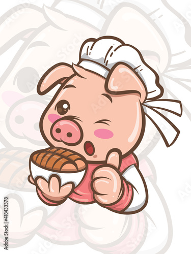 Cute chef pig cartoon character presenting crispy pork belly food - mascot and illustration