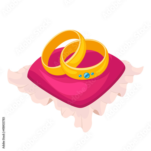 Golden metal wedding rings with brilliant on red pillow marriage circle jewellery married engagement