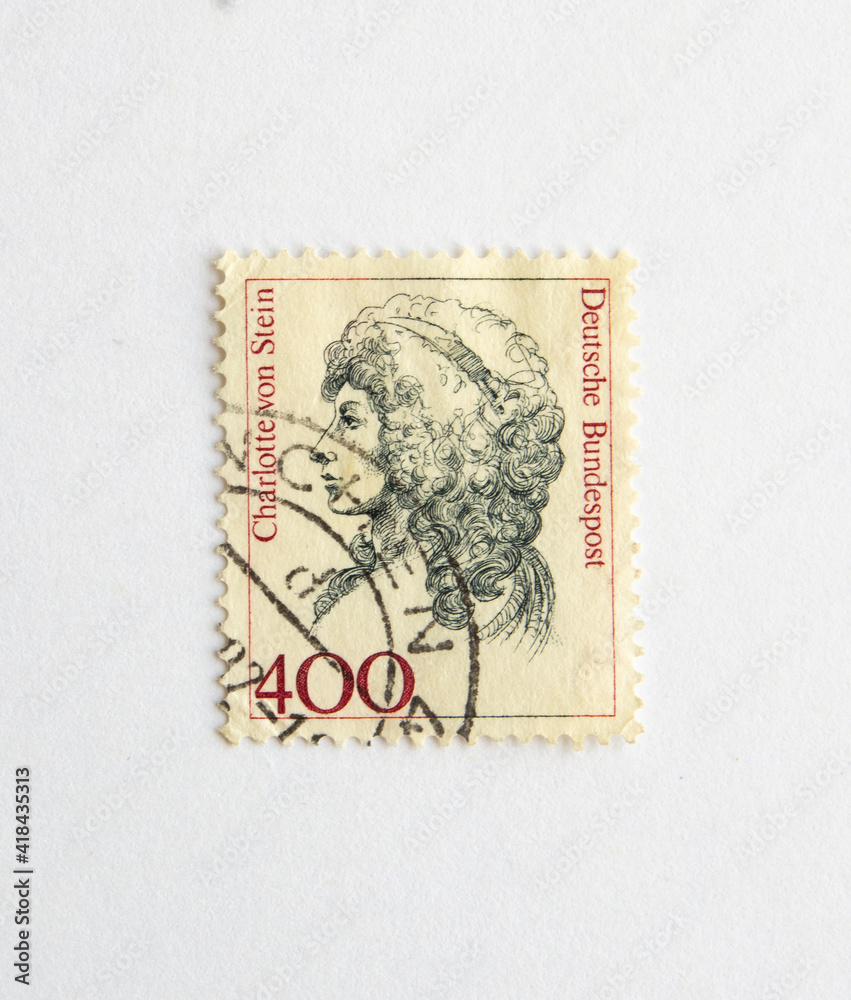  Postage Stamp. A stamp printed by GERMANY shows Charlotte von Stein lady-in-waiting at the court in Weimar and a close friend and confidant of Goethe, circa 1992
