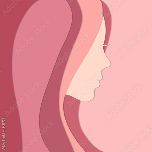 Abstract silhouette of women face and hairstyle on pink background. Flat style vector illustration with copy space for design or text